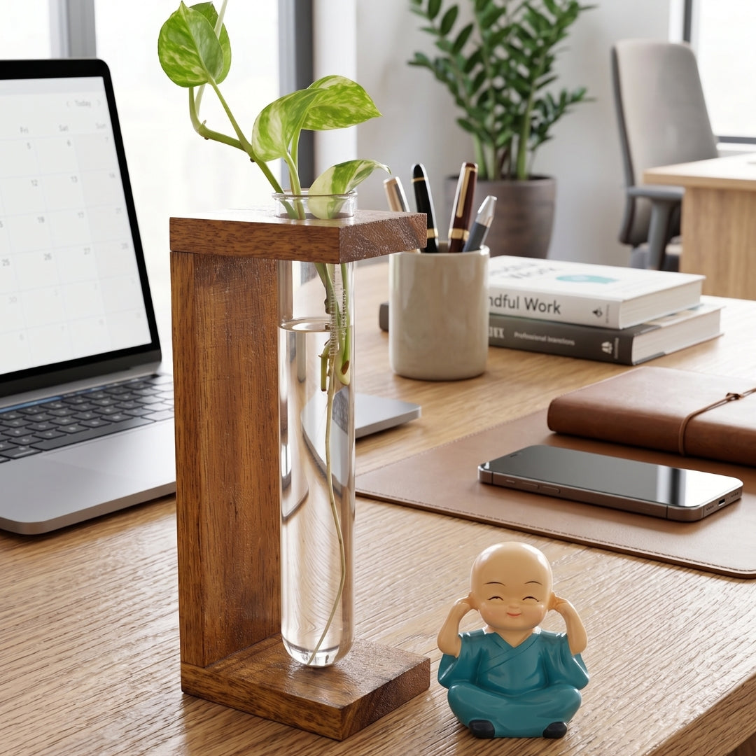 Tall Wooden Test Tube Planter | Sleek Rectangle Desk Planter & Propagation Station (1 Glass Tube)
