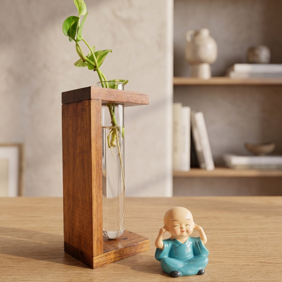 Tall Wooden Test Tube Planter | Sleek Rectangle Desk Planter & Propagation Station (1 Glass Tube)
